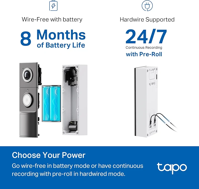 Tapo 2K+ Wired or Battery Powered Smart Video Doorbell with Chime - 180°